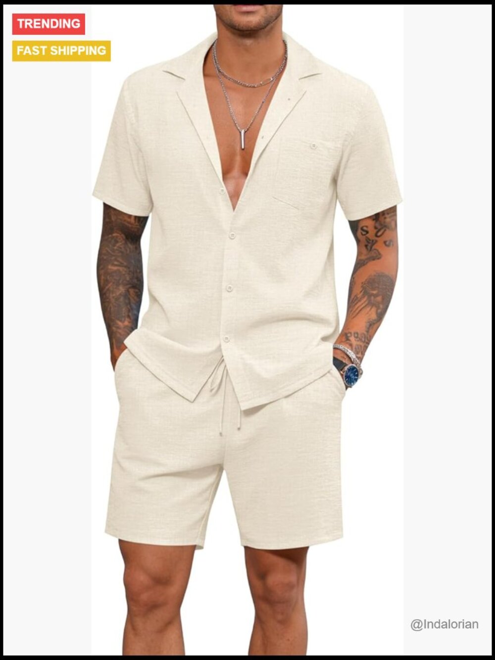 Men's Short Sleeve 2 Piece Set Linen Vacation Tracksuit Button Shirt Loose Pants